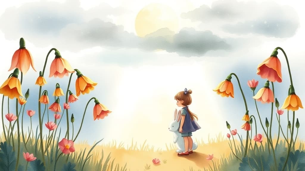 A young girl and white rabbit standing in a moonlit clearing surrounded by drooping, faded flowers that shimmer faintly, with cloudy skies above blocking the stars.